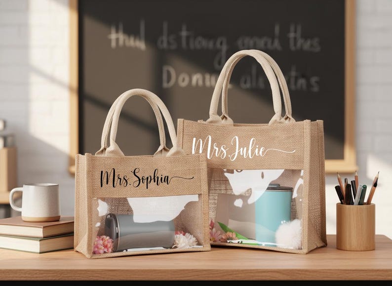 May include: Two burlap tote bags with clear front panels. The bags have white handles and the names "Mrs. Sophia" and "Mrs. Julie" printed on them. One bag contains a tumbler and flowers.