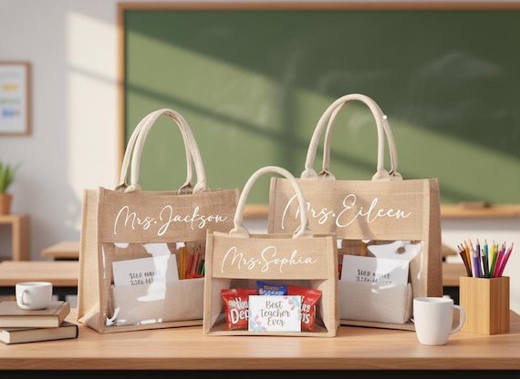 Personalized burlap teacher bag, Custom Name Tote, Teacher Appreciation & Graduation Gifts for Educators
