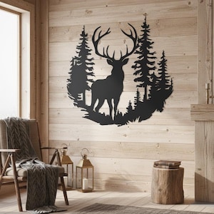 Forest Cabin Wall Art,Deer Silhouette Metal Sign,Woodland Deer Wall Decor,Forest Wall Sign,Rustic Forest Wall Decor,Deer Cabin Metal Art