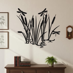 Cattail Wall Decor Sign,Metal Dragonfly Pond Decor,Insect Nature Wall Plaque,Cattail Wall Decor,Dragonfly Pond Wall Art,Metal Nature Decor
