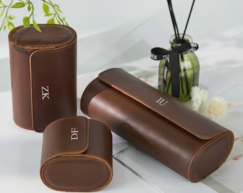 Personalized Brown Leather Watch Roll for 3 Watches, Travel Watch Case, Wedding Groomsmen Gifts, Christmas Val Day Father's Day Gift for Him