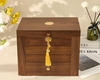 Vintage Jewelry Box, Walnut Mirror Storage with Lock, Handmade Custom Gift for Mom