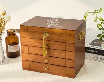 Large 3-Layer Wooden Jewelry Box With Safe Lock & Velvet Lining - Retro Storage