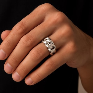 Chunky Solid Chain Link Ring in 925 Sterling Silver, Unisex Statement Ring, Gift for Him or Her