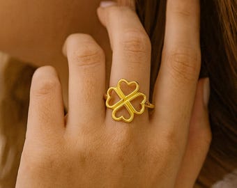 Gold Plated Sterling Silver Lucky Clover Ring, Shamrock Jewelry