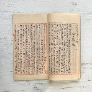 Può includere: Un libro aperto con pagine ingiallite e invecchiate. Il testo è in giapponese, con accenti di inchiostro rosso. Il libro è aperto su due pagine piene di caratteri manoscritti. Il libro è su una superficie di legno bianco.