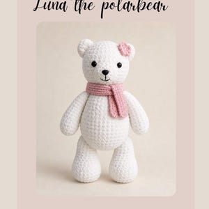 Polar Bear Crochet Pattern PDF, Plush Amigurumi Bear with Pink Scarf & Flower, Beginner Chenille Teddy Pattern