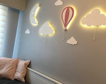Luce notturna per cameretta dei bambini con nuvola, luna e palloncini – Lampada da parete per bambini – Luce LED per la decorazione della cameretta dei bambini