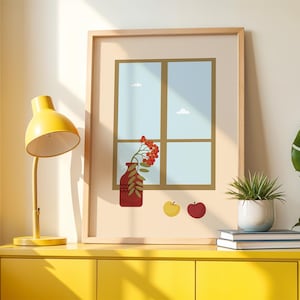 Cozy Autumn Window Printable – Vintage Warm Wall Art with Sky View, Red Berries, Apples – Digital Fall Poster Download
