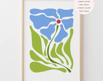 Blue Abstract Flower Print, Modern Botanical Wall Art, Retro Digital Poster