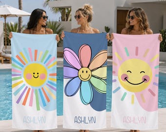 Personalized Brilliant Sun Beach Towel,Custom Name Pool Towel for Girls,Bithday Party Gift For Kids,Tropical VacationGift,Beach Lover's Gift