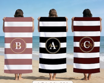 Custom Retro Striped Beach Towel,Initial Pool Towel for Family,Summer Vacation Gift,Beach Lover's Gifts,Bachelorette/Birthday Party Gift