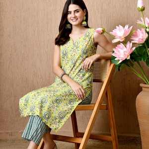 Conjunto de pantalón kurta floral amarillo lima - Traje étnico indio de verano
