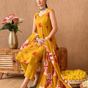 Conjunto de kurta y pantalón dupatta pintados a mano en amarillo mostaza / Ropa festiva y nupcial / Atuendo étnico para mujer