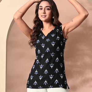 Elegant Black V-Neck Sleeveless Top | Minimalist Chic Cotton Top for Women | Versatile Summer Shirt | Noir Classic Top