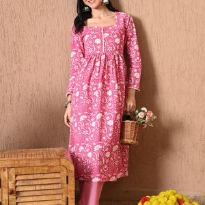 Pink Floral Kurta Pant Set with Lace: Romantic Indian Outfit