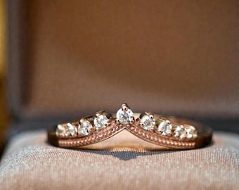 Chevron Diamond Wedding Band | Gold V Shape Ring | Curved Stacking Band | Vintage Inspired Diamond Ring | Bridal Anniversary Jewelry