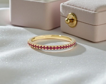 Ruby Eternity Band, Dainty Gold Ruby Ring, Thin Stackable Gemstone Band, Minimalist Wedding Band, July Birthstone Ring Gift for Her