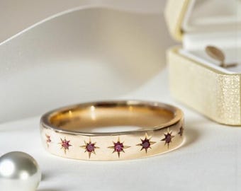 Vintage Star Ruby Band, Gold Engraved Eternity Ring, Starburst Ruby Wedding Band, Dainty Stackable Ring, July Birthstone Ring Gift for Her
