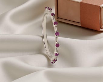 Sterling Silver Ruby Wedding Band, Half Eternity Moissanite Anniversary Ring