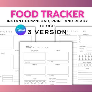 Planificador de comidas imprimible, diario de alimentos, rastreador de calorías diario, diario de alimentos dietéticos con rastreador de estado de ánimo y planificador de ejercicios, imprimible y para uso digital.