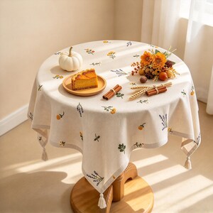 Thanksgiving Linen Tablecloth, Embroidered Floral Table Cover, Fringed Dining Table Decor, Farmhouse Kitchen Accent, Housewarming Gift