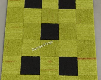 Green Floor Rug Modern Hand Tufted Green geometric Home Rug Stylish Green Black Square Pattern Rug Modern   Living Room Designer Green Black