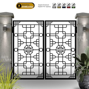 May include: A digitally designed black gate with an intricate geometric pattern, flanked by two concrete pillars with built-in lights. The image includes the text "GATE AURA DESIGN" and "DIGITAL DOWNLOAD". The gate design is suitable for various digital file types.