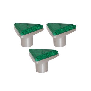 May include: Three cabinet knobs featuring a triangular malachite-style top and a brushed silver base. The green and black veining of the malachite provides a natural decorative element. These knobs are a stylish hardware choice.