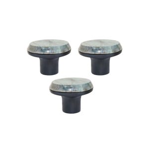 May include: Three cabinet knobs with a grey and white marble-effect top and a dark grey base. The knobs are round and have a simple, modern design. Suitable for drawers or cabinet doors.