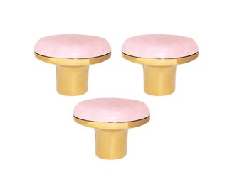 Pomello per mobile in quarzo rosa fatto a mano / Pomello per cassetto in ottone dorato
