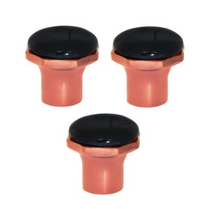 May include: Three bottle stoppers with a black, rounded top and a copper-coloured base. The base has a hexagonal shape at the top and a cylindrical stem. The stoppers are arranged in a triangular pattern. Ideal for wine bottles.