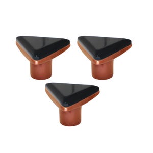 May include: Three cabinet knobs with a triangular black top, copper-coloured trim, and a cylindrical copper-coloured base. The knobs are arranged in a triangular pattern against a white background.