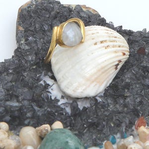 Pode incluir: Um anel dourado com uma pedra preciosa redonda e clara. O anel está colocado sobre uma concha branca, com um fundo escuro e texturizado. O design do anel apresenta uma banda curva que segura a gema.