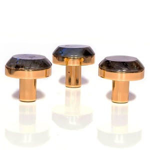 Op de afbeelding: Drie decoratieve paddenstoelvormige objecten. Elk heeft een goudkleurige steel en een donkere, facetgeslepen bovenkant. De objecten zijn in een rij gerangschikt tegen een witte achtergrond, met hun reflecties eronder zichtbaar.