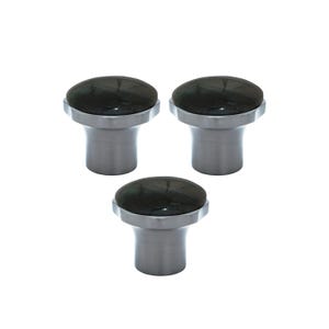 May include: Three cabinet knobs with a dark, oval top and a brushed metal base. The knobs are evenly spaced against a white background, highlighting their design and texture. Suitable for drawers and cabinets.
