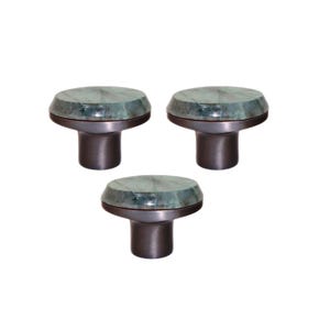 May include: Three cabinet knobs with a dark green, marbled stone top and a dark metal base. The knobs have a rounded, mushroom-like shape. The knobs are displayed against a white background.