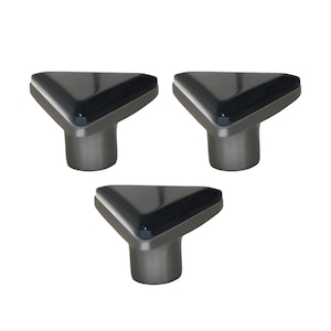 May include: Three black cabinet knobs with a triangular top and a cylindrical base are shown against a white background. The knobs have a glossy finish, reflecting light. These hardware pieces are suitable for drawers or cabinets.