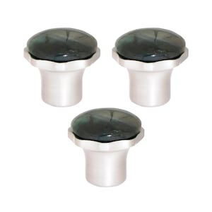 May include: Three cabinet knobs with a dark green, oval stone set on a brushed silver metal base. The base is cylindrical with a hexagonal top. The knobs are suitable for drawers or cabinets.