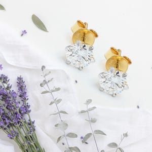 May include: A pair of diamond stud earrings with gold posts and backs. The earrings are set against a white background with sprigs of lavender and eucalyptus. The diamonds sparkle brightly.