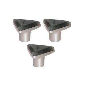 May include: Three cabinet knobs with a triangular, grey-green stone top and a brushed silver base. The knobs are arranged in a triangular pattern against a white background. These decorative knobs are suitable for drawers or cabinets.