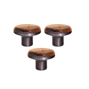 May include: Three cabinet knobs with a brown, marbled appearance on top and dark grey stems. The knobs have a rounded, mushroom-like shape, set against a white background.