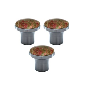 May include: Three cabinet knobs with a brushed metal base and a natural stone top. The stone features a mix of red, green, and brown colours. The knobs are designed for easy installation and add a touch of natural elegance.