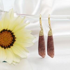 Könnte beinhalten: Ein Paar Ohrhänger mit goldfarbenen Creolen und drahtumwickelten Oberteilen. Die Ohrringe haben längliche, rötlich-braune Steine mit gesprenkeltem Aussehen. Im Hintergrund befindet sich eine große gelbe Blume mit dunkler Mitte.