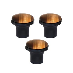 May include: Three cabinet knobs with a dark brown base and a rounded, tiger-eye-like top. The knobs are set against a white background, showcasing their design and colour variations. These decorative knobs are suitable for furniture or cabinetry.