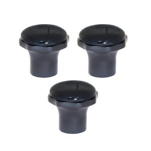 May include: Three black cabinet knobs with a rounded top and a short, cylindrical base. The knobs have a glossy finish and are evenly spaced against a white background. These knobs are suitable for furniture or cabinet hardware.