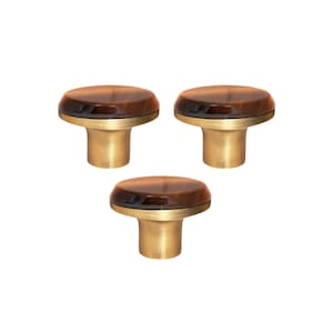 Pode incluir: Três puxadores de armário com um topo castanho em forma oval e uma base de cor latão. Os puxadores têm um acabamento liso e polido e estão uniformemente espaçados sobre um fundo branco. Adequado para móveis e decoração de casa.