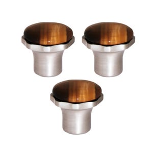 May include: Three cabinet knobs with a brushed silver base and a polished, oval-shaped tiger's eye stone top. The knobs are arranged in a triangular pattern against a white background. These decorative knobs are suitable for furniture.