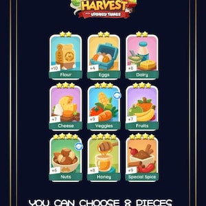 May include: A digital game interface titled Happy Harvest with Looney Tunes featuring nine ingredient cards including flour, eggs, dairy, cheese, veggies, fruits, nuts, honey, and special spice, with the text You can choose 8 pieces displayed below.