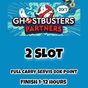 May include: A blue promotional graphic featuring the Ghostbusters Partners logo with a cartoon ghost and the Monopoly mascot. Text includes 2 SLOT, FULL CARRY SERVIS 80K POINT, FINISH 1-12 HOURS, and MONSTER MASH in white, black, and red lettering.